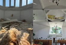 Пошкоджений молитовний будинок баптистської церкви в Києві після російської атаки.