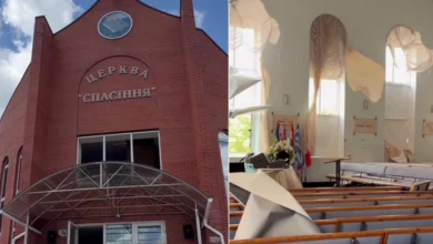 Пошкоджений храмовий комплекс церкви «Спасіння» у Вишневому після російської ракетної атаки.